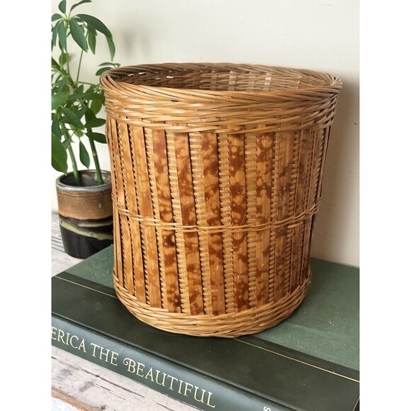 Vintage Burnt Bamboo Wicker Waste Basket / Planter 8.25” x 8” Boho Chic - Picture 10 of 10